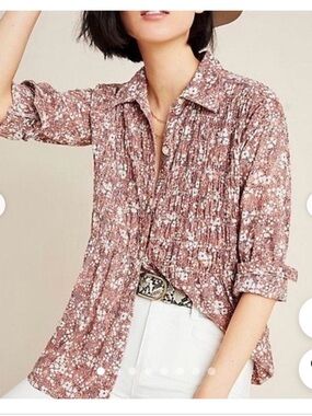 Pilcro by Anthropologie Floral Button-Up Blouse in Mauve and Cream